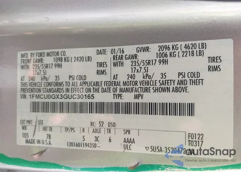 2016 Ford Escape Se из США, поврежденный, VIN 1FMCU0GX3GUC30165